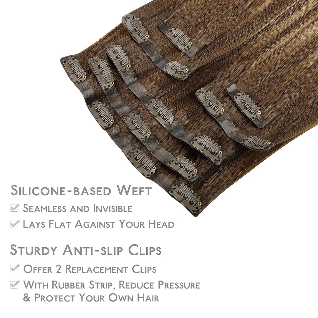 WENNALIFE Nahtlose Clip In Extensions Echthaar, 50cm 7pcs 150g Balayage Schokoladenbraun bis Karamel