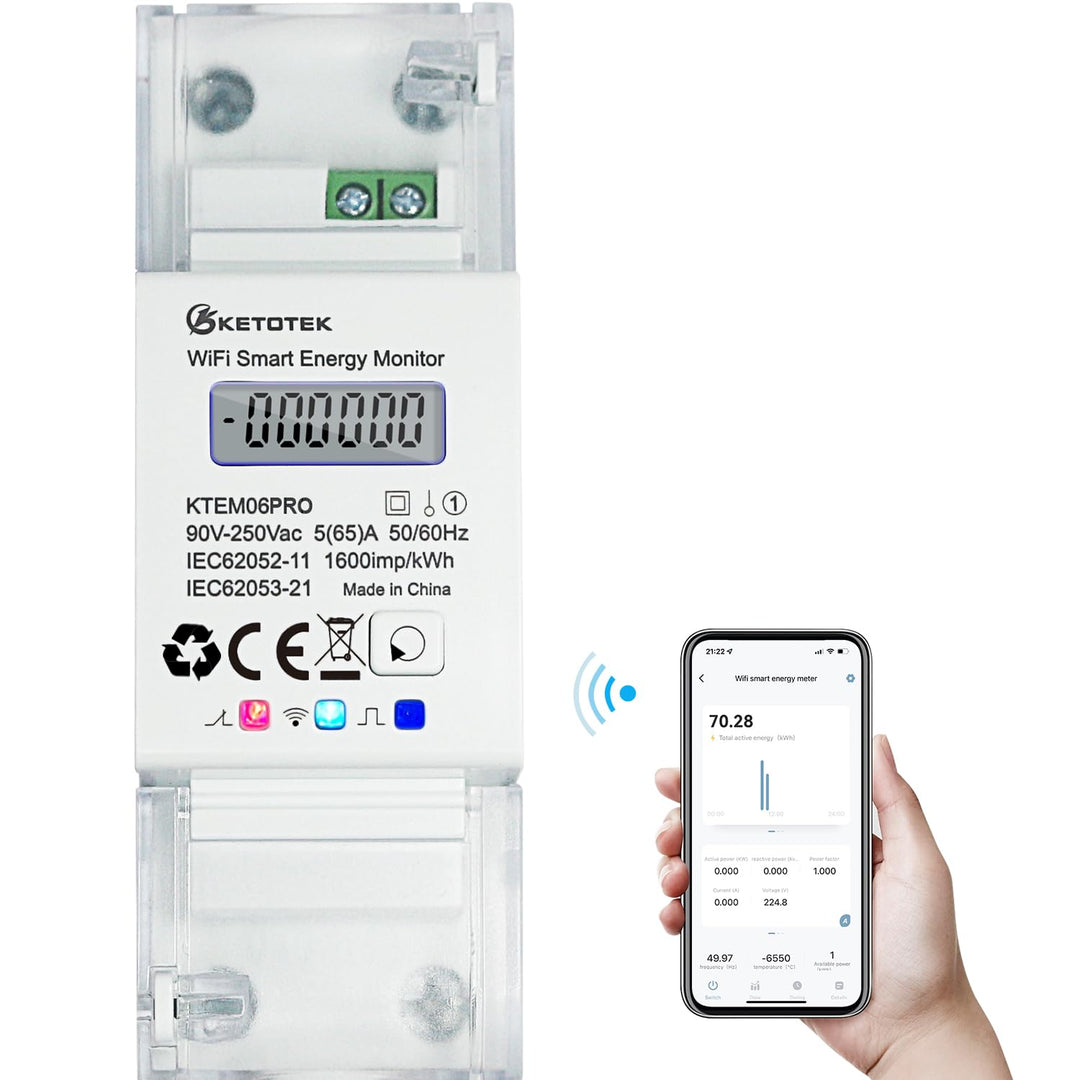 KETOTEK Smart Stromzähler Hutschiene 1 Phasig Bidirektional, Digital Energiezähler WLAN 5(65) A 90-2