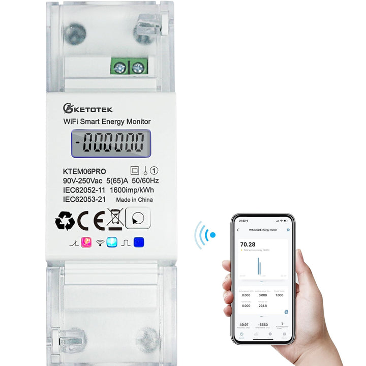 KETOTEK Smart Stromzähler Hutschiene 1 Phasig Bidirektional, Digital Energiezähler WLAN 5(65) A 90-2