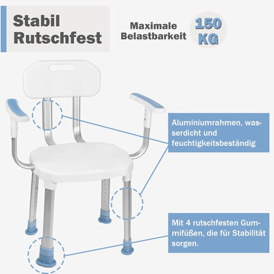 UISEBRT Duschstuhl mit Armlehne und Rückenlehne, Duschhocker Höhenverstellbar Badhocker, mit Anti-Ru