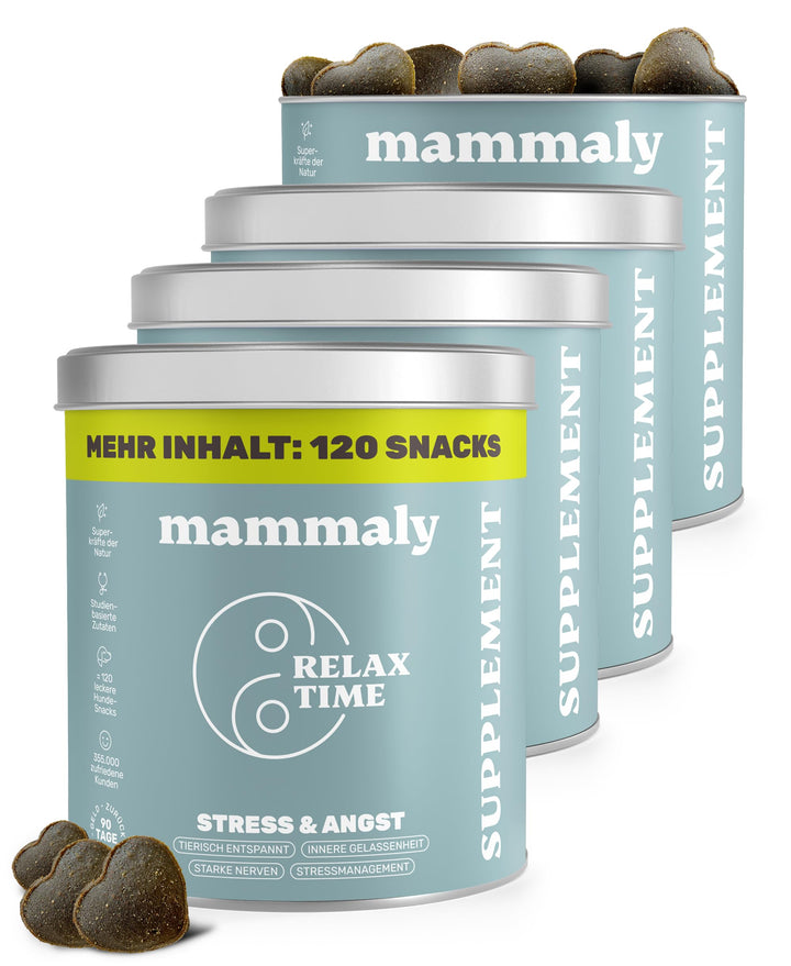 mammaly 4X Super-Sparpaket Beruhigungsmittel für Hunde Relax Time - Leckerlis mit Baldrian & Zitrone