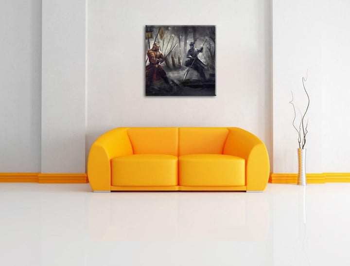 Pixxprint Kampf zwischen Samurai und Ninja als Leinwandbild/Grösse: 70x70 cm/Wandbild/Kunstdruck/fer