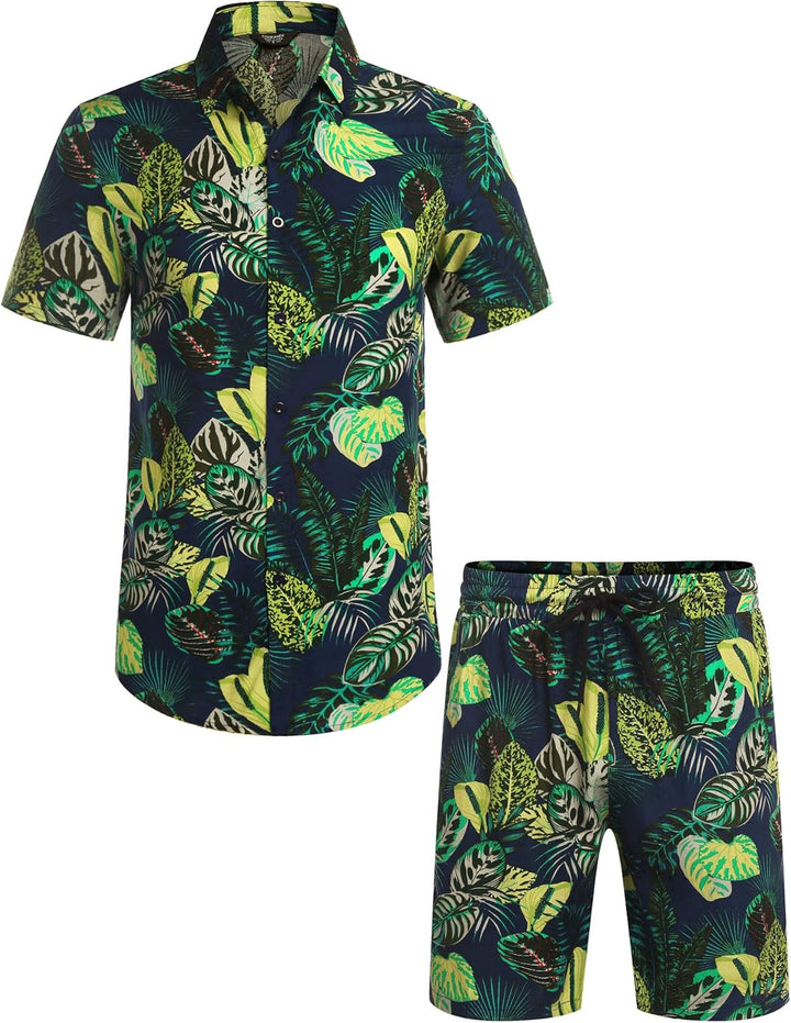 COOFANDY Herren Hemd Kurzarm Sommerhemd Floral Hawaiihemd Flamingo Party Hemden und Shorts Set Stran