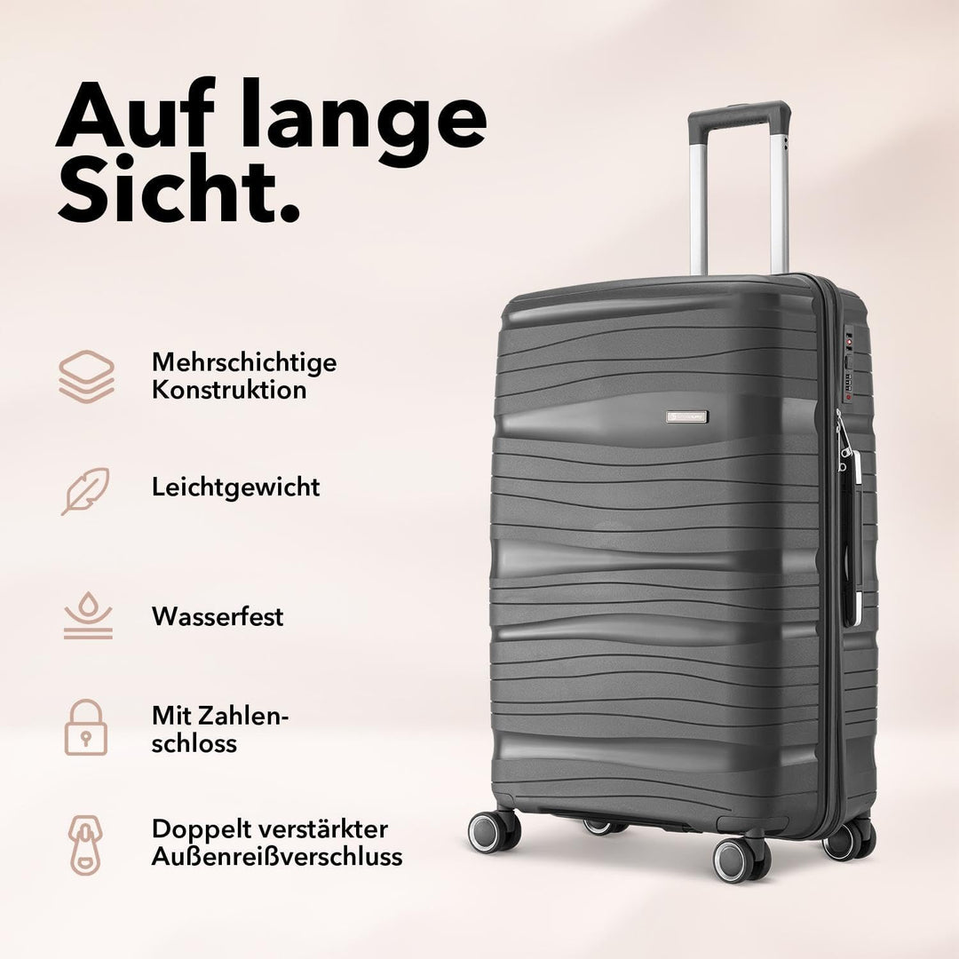 Travel One Kofferset 4-teilig – Anthrazit – Hartschalen Trolley-Set 32/60/98L, Zahlenschloss & 360°
