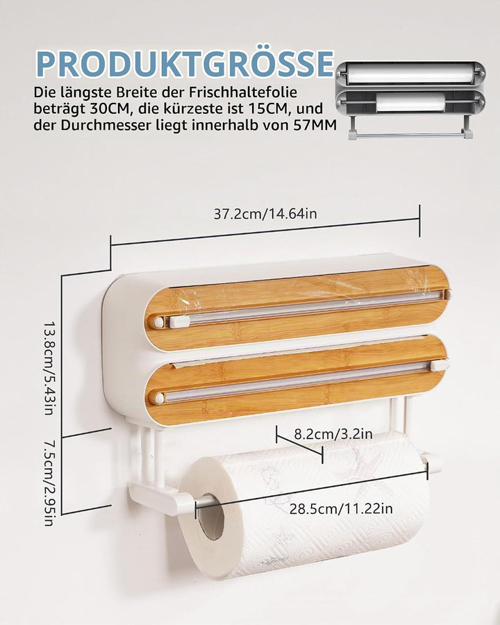 3 in 1 Frischhaltefolienspender mit Cutter, Küchenrollenhalterung mit Küchenrollenhalter, Alufoliens