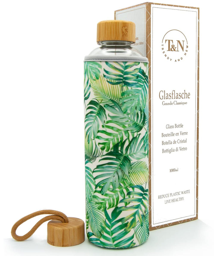 T&amp;N Glasflasche 1 Liter / 750ml / 500ml – Trinkflasche Glas 1l mit Neoprenhülle – Wasserflasche Ausl