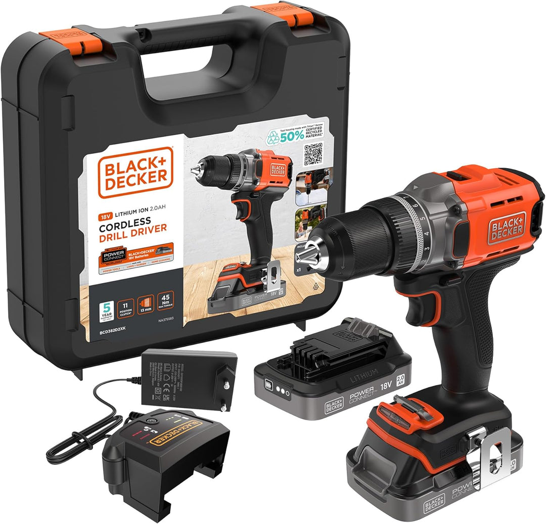 BLACK+DECKER POWERCONNECT 18V Akku-Bohrschrauber mit 2 x 2,0-Ah-Akkus, 1-A-Ladegerät und Kitbox, BCD