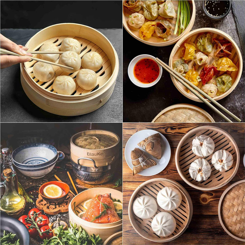 Bambusdämpfer (Bamboo Steamer) - 25cm mit 2 Etagen Bambus Dampfkörbe mit Deckel - 2 Paar Essstäbchen
