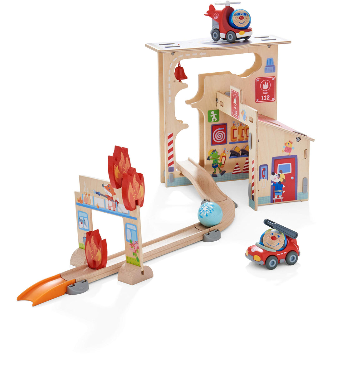 HABA 304847 - Kullerbü – Spielbahn Feuerwehrwache, Holzkugelbahn mit vielen Spieleffekten, Feuerwehr