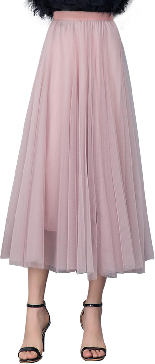 Damen Tüllrock Midi Faltenrock Hoher Bund Schick Rock Elastisch Taille Drapiert Stoff 36-40 Rosa, 36