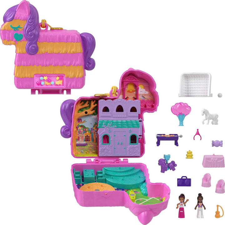 Polly Pocket Piñata-Party Schatulle - Pferde-Piñata, Glitzerfenster, 2 Puppen, 5 Spielelemente, 13 A