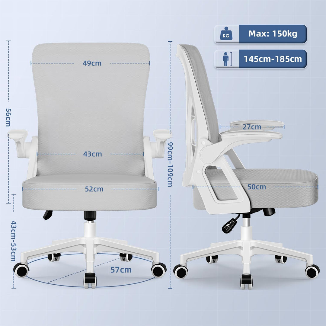 Bürostuhl Ergonomisch, Schreibtischstuhl mit Hochklappbaren Armlehnen, Einstellbarer Lendenstütze, H