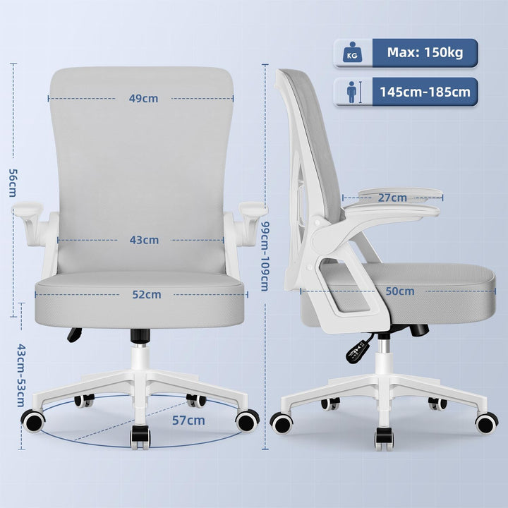 Bürostuhl Ergonomisch, Schreibtischstuhl mit Hochklappbaren Armlehnen, Einstellbarer Lendenstütze, H