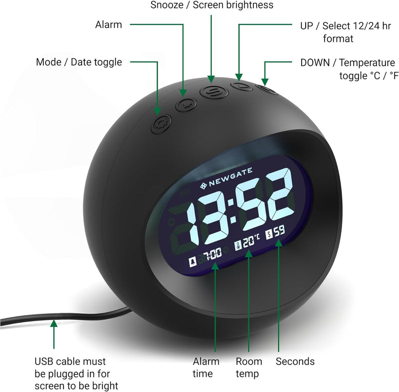 NEWGATE® Digital Centre of The Earth Wecker (Schwarz mit schwarzem LCD-Display) Black With Black Lcd