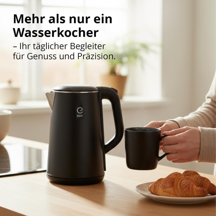 EUREL GV74 Wasserkocher, 1,6L Edelstahl, Schwarz | Temperatureinstellung, LED-Touch-Display, Tempera