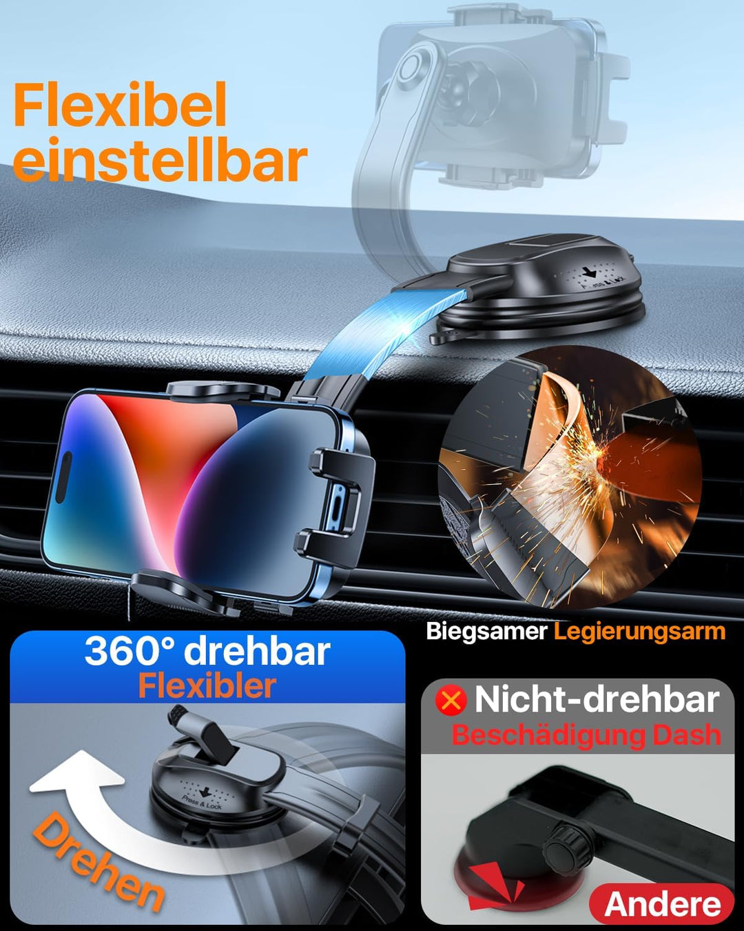 HTU 【Militär-Klasse Biegsamer Arm Handyhalterung Auto Upgrade【Stärkste Saugnapf Lüftung】 360° Drehba