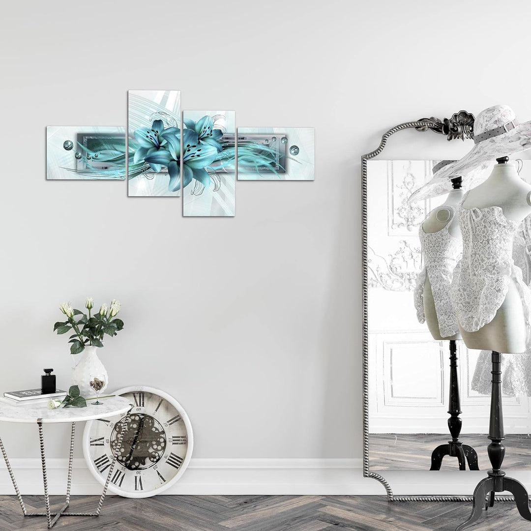 Runa Art Bild Modern Blumen Lilien - Made in Germany - Wandbilder Abstrakt Türkis 4 Teilig 008742a 1