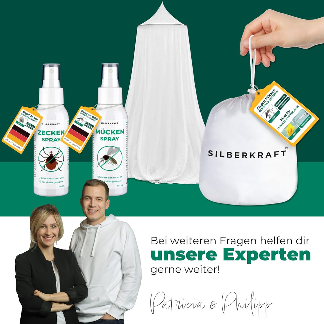 Silberkraft Premium Moskitonetz inklusive Klebehaken, XXL für Doppelbett, Betthimmel mit Reissversch