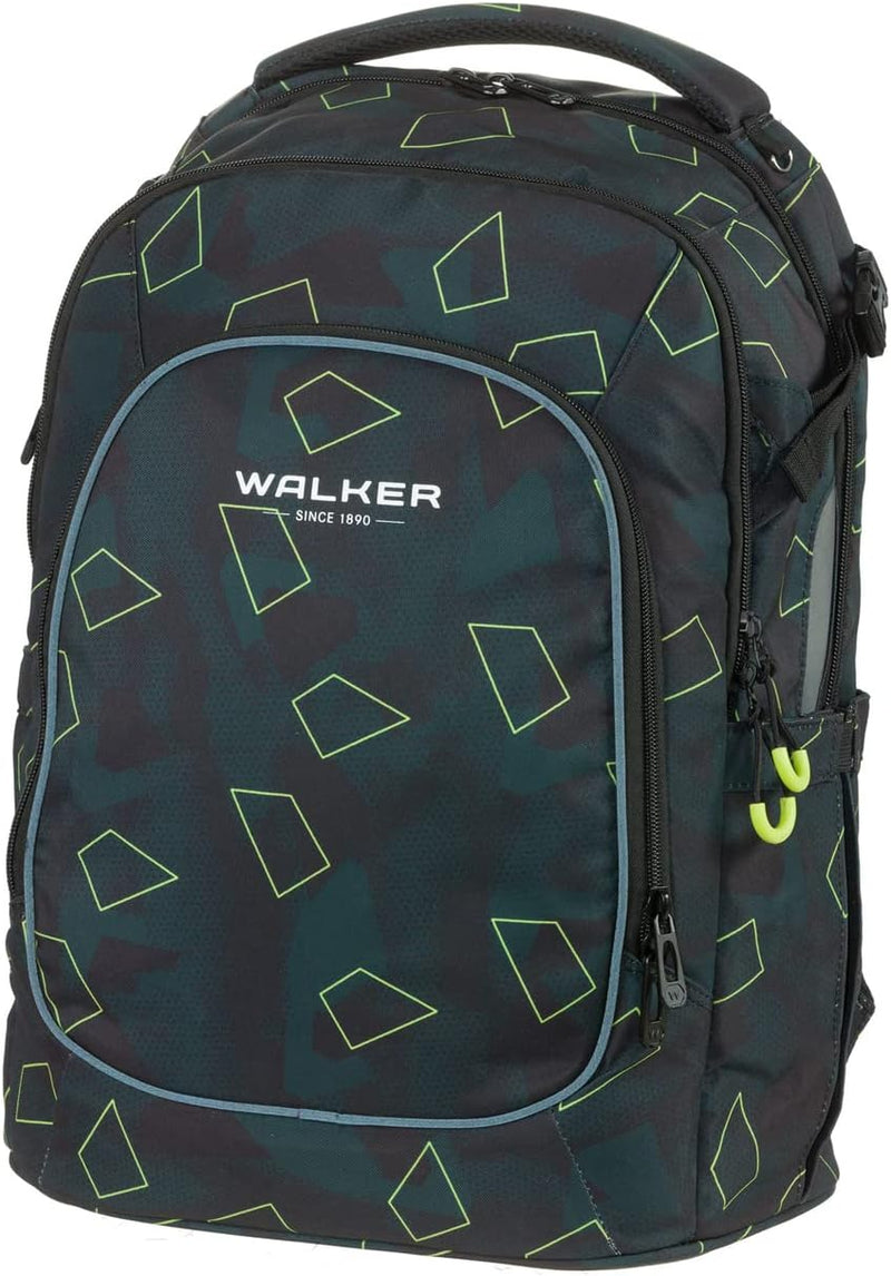 Walker 42122-363 - Schulrucksack Campus Evo 2.0 "Green Polygon" mit 3 Fächern, Zippfach am Rücken, S