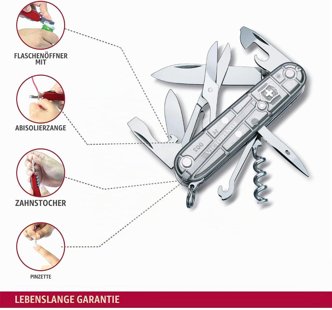 Victorinox Taschenmesser Climber (14 Funktionen, grosse Klinge, Kapselheber) 91mm Silber Transparent