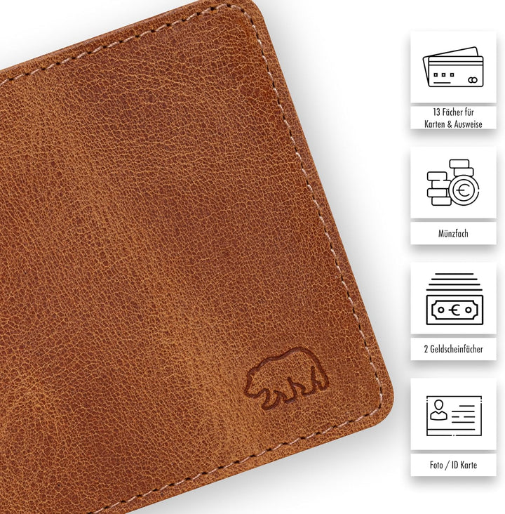 BROWN BEAR Geldbörse Herren Leder mit Münzfach gross | Vintage Braun | RFID-Schutz | Echtleder Porte