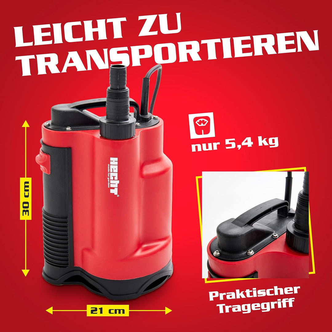HECHT Tauchpumpe 750 W – 13 000 l/h Schmutzwasser &amp; Klarwasser Automatik-Schwimmerschalter – Bis 9 m
