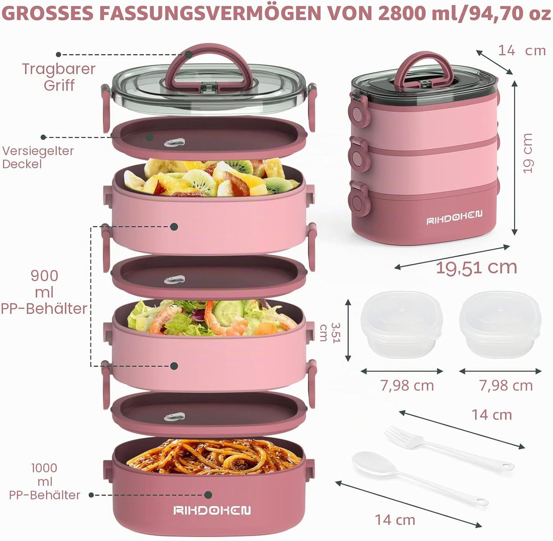 RIKDOKEN Bento Box Lunchbox, stapelbare 3-lagige Behälter, tragbare 2.6 l grosse Kapazität, auslaufs