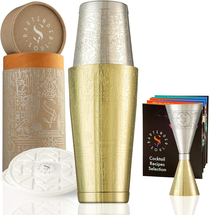 Exklusiver Boston Cocktail Shaker - Gold - Professionelles Set mit vollem Gewicht, Präzisions-Jigger