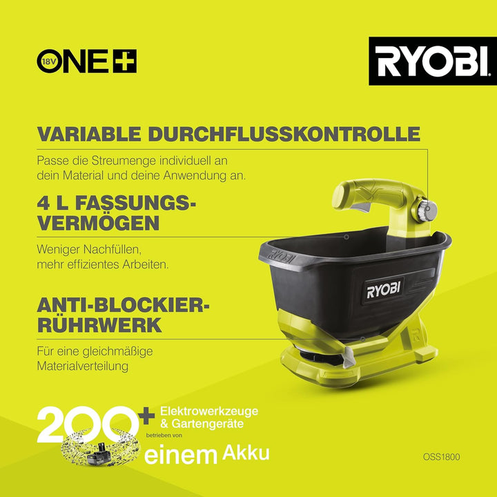RYOBI 18 V ONE+ Akku-Universalstreuer OSS1800 (4 Liter Tank, Streubreite einstellbar (2,5 bis 3,5 m)