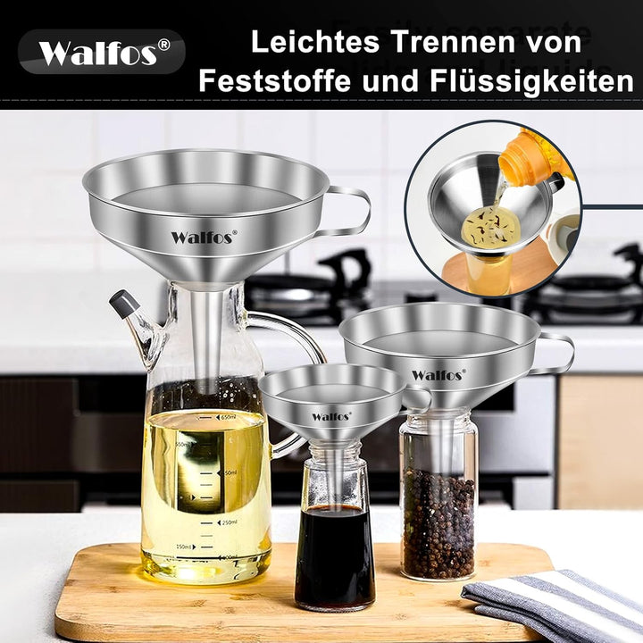 Walfos Trichter Set aus Edelstahl mit 2 abnehmbaren Siebfilter zum Übertragen Flüssigkeit, Speiseöle