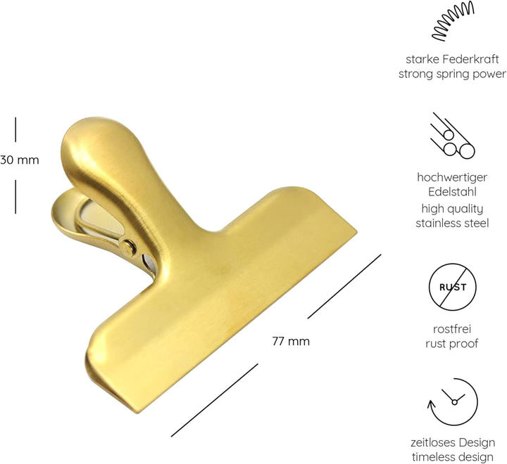 Design Verschlussclips für Lebensmittelbeutel, Tüten und Dokumente aus hochwertigem Edelstahl in Gol