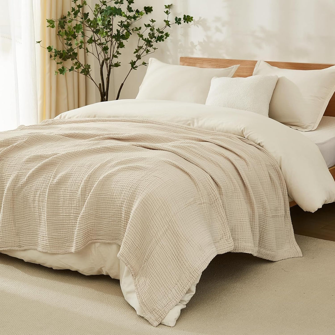 EMME Musselin-Decke Erwachsene, 100% Baumwolle, 230 x 230 cm Beige Sommer-Überwurf Decken für Couch,