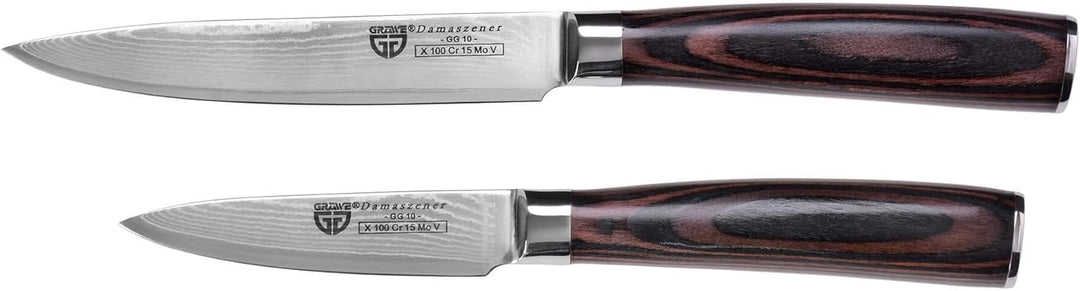 GRÄWE Damastmesser-Set 3-teilig - Allzweckmesser, Schälmesser, Wetzstein 1000/3000