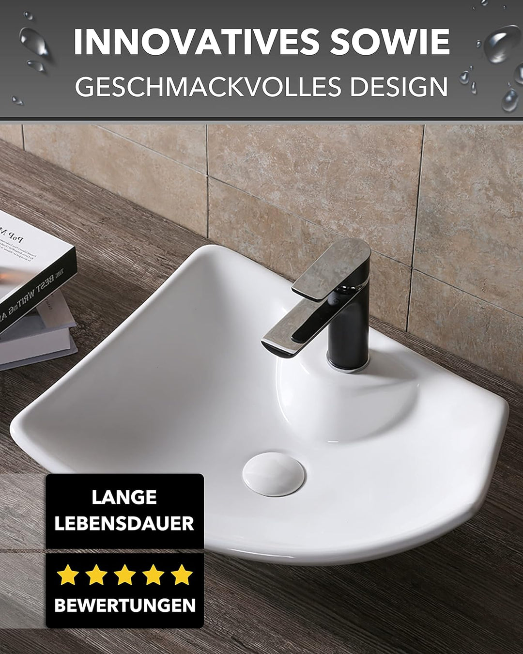 Art-of-Baan® Premium Waschbecken eckig - Hochglanz Aufsatzwaschbecken - Keramik-Becken für Waschtisc