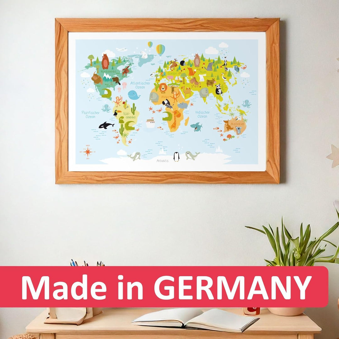 nikima - Kinder Weltkarte modern in 3 Grössen A3/A2/A1 Poster Plakat Tiere Erde Wandbild Kinderzimme
