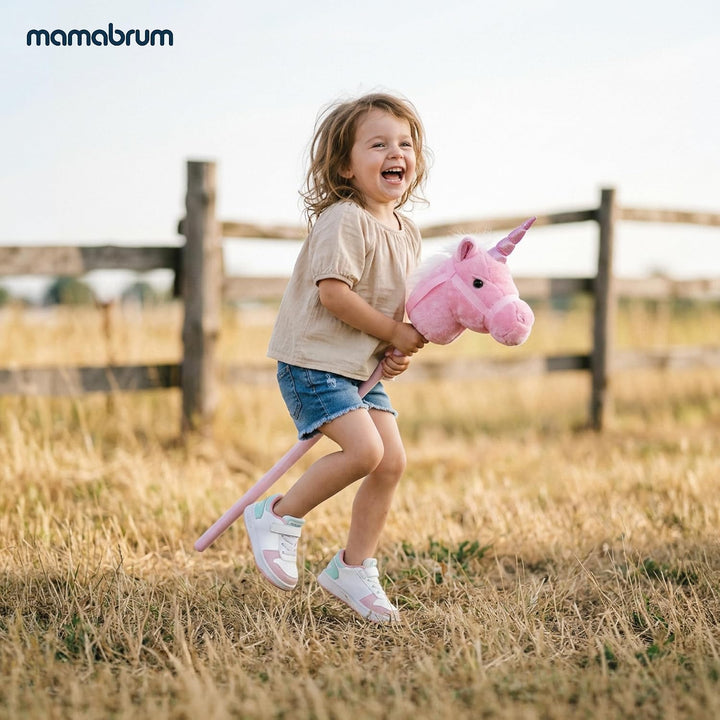 mamabrum Hobby Horse Einhorn Rosa Steckenpferd Kinder 80 cm | Magisches Einhorn mit Glitzerhorn, wei