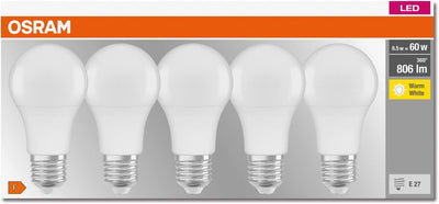 OSRAM LED-Lampe, Sockel: E27, Warm White, 2700 K, 8,50 W, Ersatz für 60-W-Glühbirne, matt, LED BASE