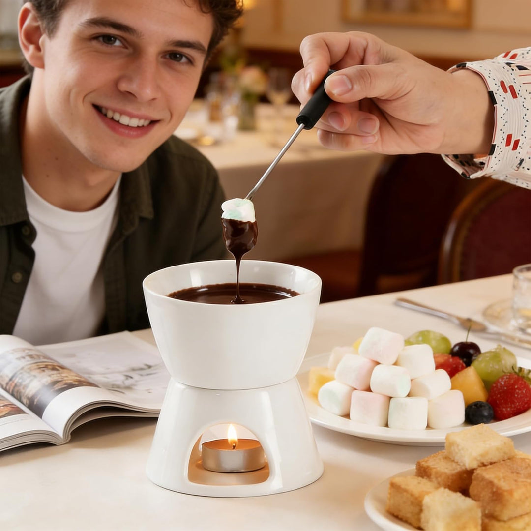 Keramik Schokofondue-Topf-Set, Käse Fondueset mit 1 Teelicht & 4 Gabeln Aus Rostfreiem Stahl, Mini S