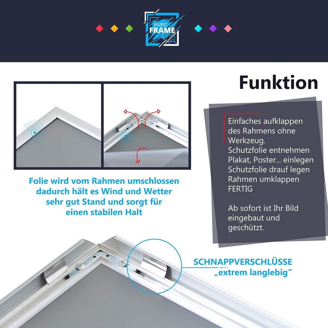 INMO Alu-Klapprahmen DIN A2 mit Aluminium Profil ohne Glas - Klappbarer Bilderrahmen Silber - Fotora