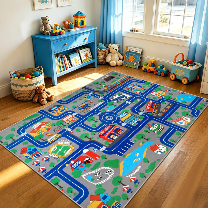 Capslpad Kinder Teppich Spielteppich für Kinder Stadt 150x200cm rutschfest Kinderteppich Spielmatte