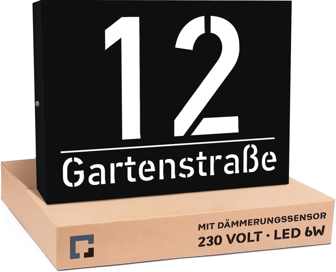 30x40cm 230V Strom Grosse Hausnummer Beleuchtet Led aus Aluminium mit Dämmerungssensor, Schwarz, Gra