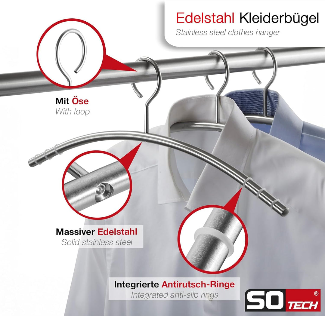SOTECH 10 Stück Design Kleiderbügel Edelstahl SS201 mit Anti-Rutsch-Ringen (Öse 360 Grad drehbar, Ru