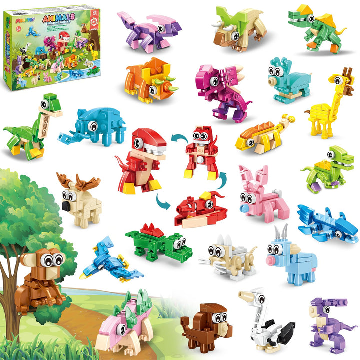 MOONTOY 24 Mitgebsel Kindergeburtstag Gastgeschenke, 3-in-1 Mini Bausteine Tiere Konstruktionsspielz