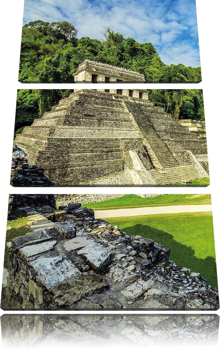 Pixxprint Maya Pyramiden aus Palenque als Leinwandbild/Grösse: 3 Teilig (120x80) cm/Wandbild/Kunstdr