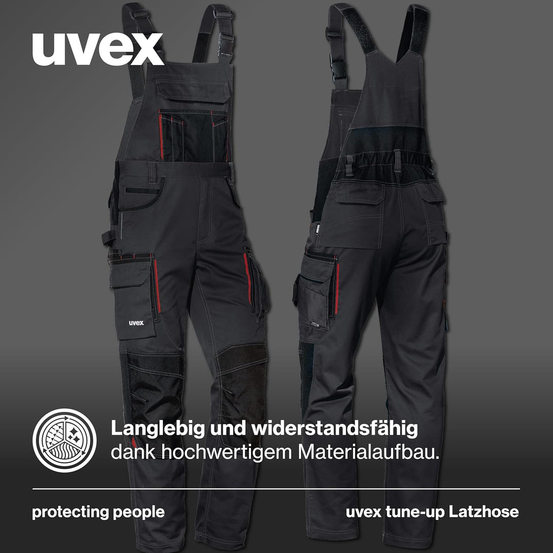 Uvex Tune-up Lange Herren-Arbeitshose - Lange Latzhose mit Knietaschen 42 Schwarz/Active red, 42 Sch