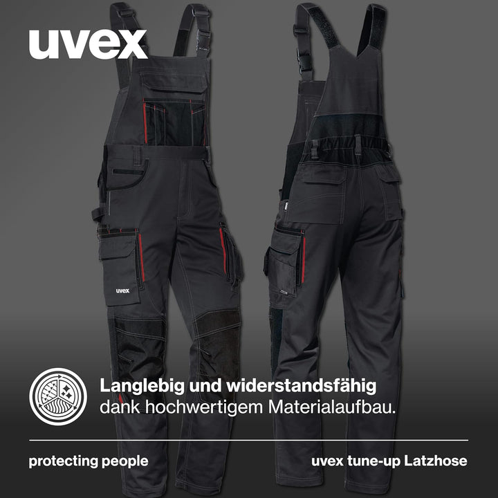 Uvex Tune-up Lange Herren-Arbeitshose - Lange Latzhose mit Knietaschen 42 Schwarz/Active red, 42 Sch