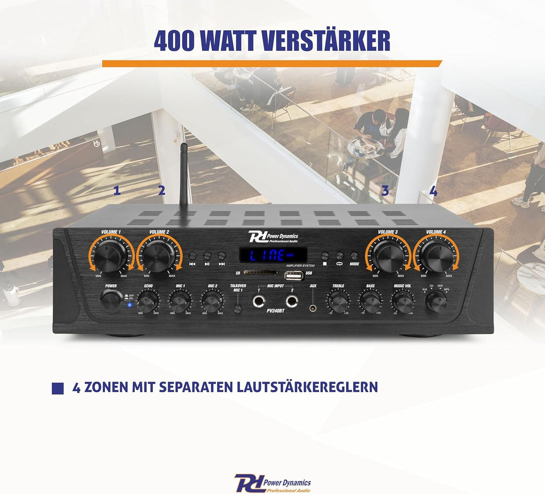 Power Dynamics PV240BT - 4 Kanal Stereo Verstärker Bluetooth, 400 Watt Amplifier Hifi Receiver, Fern