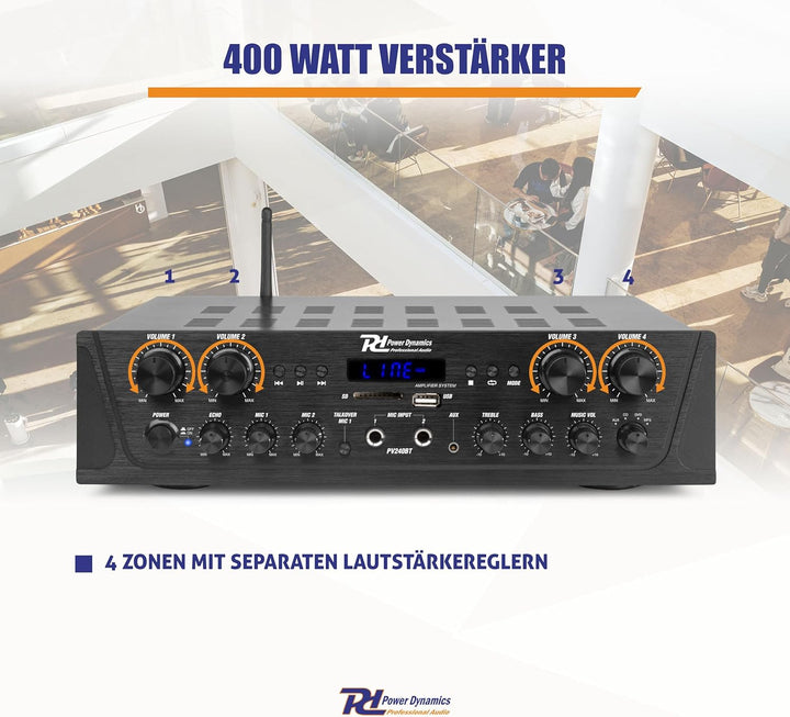 Power Dynamics PV240BT - 4 Kanal Stereo Verstärker Bluetooth, 400 Watt Amplifier Hifi Receiver, Fern