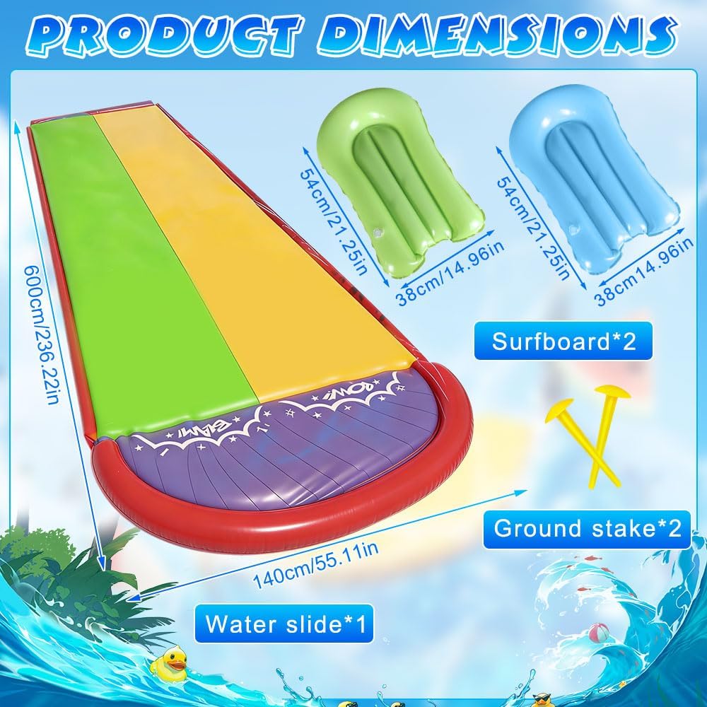 Wasserrutsche Garten für Kinder, 19.7ft/600cm Wasserrutsche mit 2 Bodyboard, Doppelrutsche Wasserrut