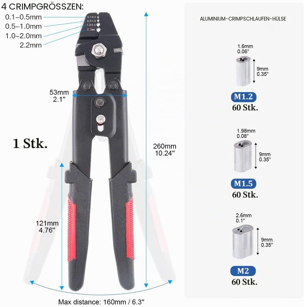 Glarks Drahtseil-Crimpzange bis zu 2,2 mm, Drahtseilwickler, Crimpzange zum Angeln, Crimpzange mit 1